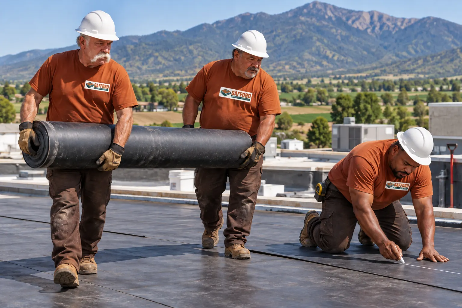 Three roofers carrying a membrane roll and marking a repair seam on a low-slope commercial roof