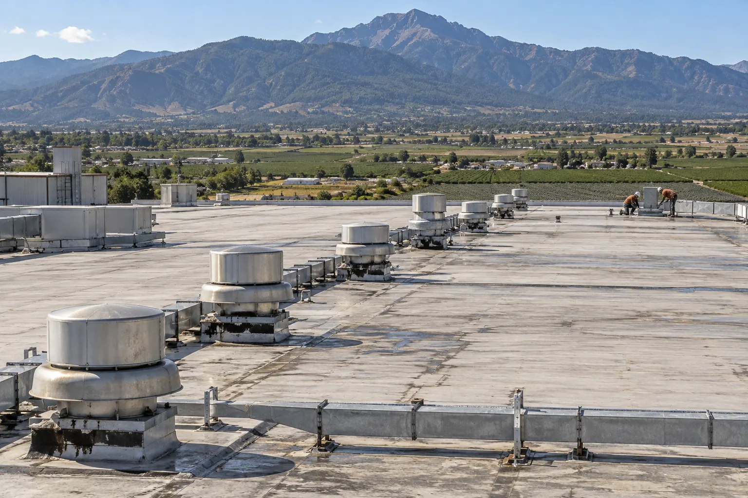 Long industrial roof with a row of exhaust fans and two roofers working at the far end