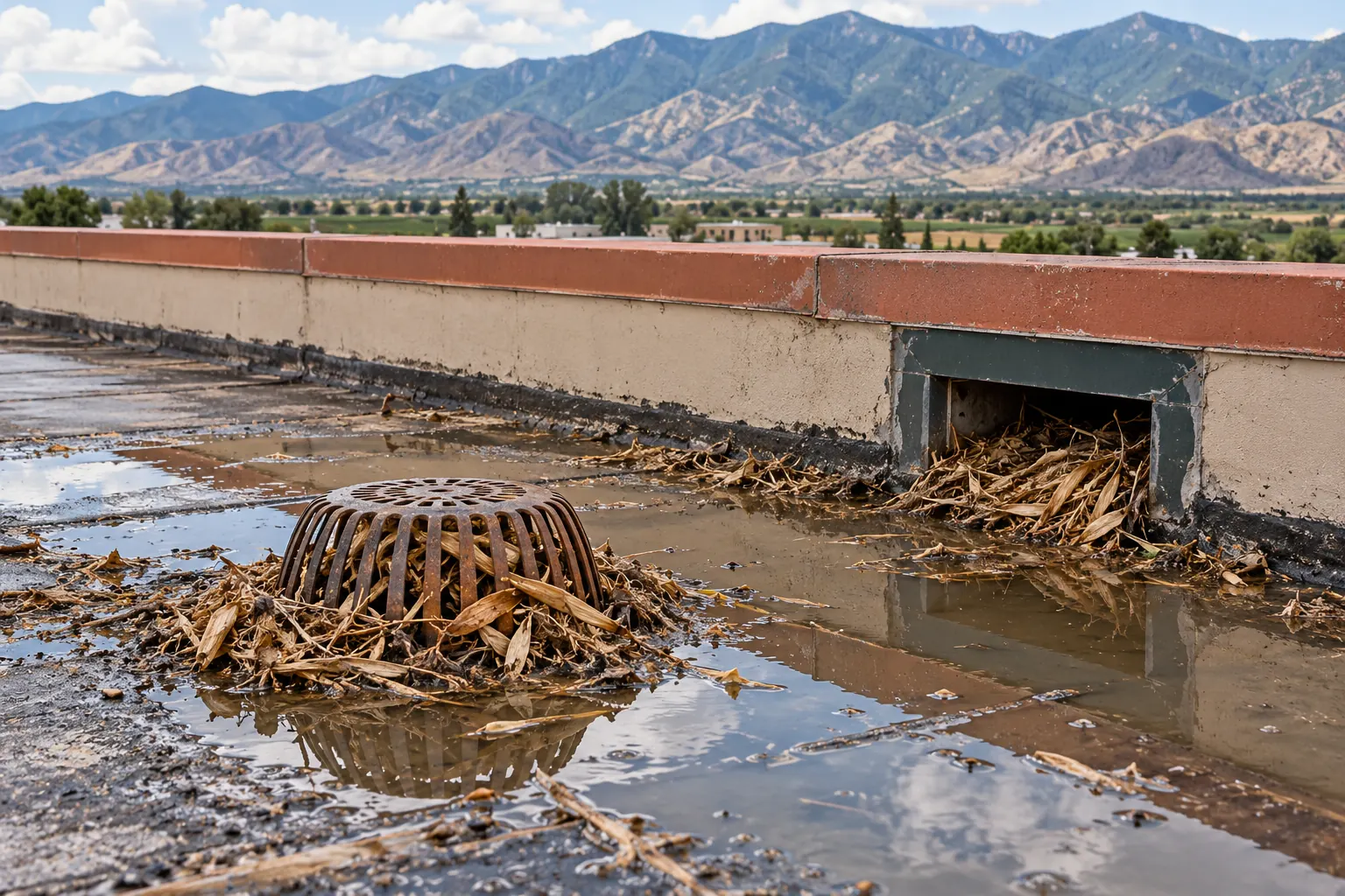 Roof drain and parapet scupper packed with dry debris with water standing around them