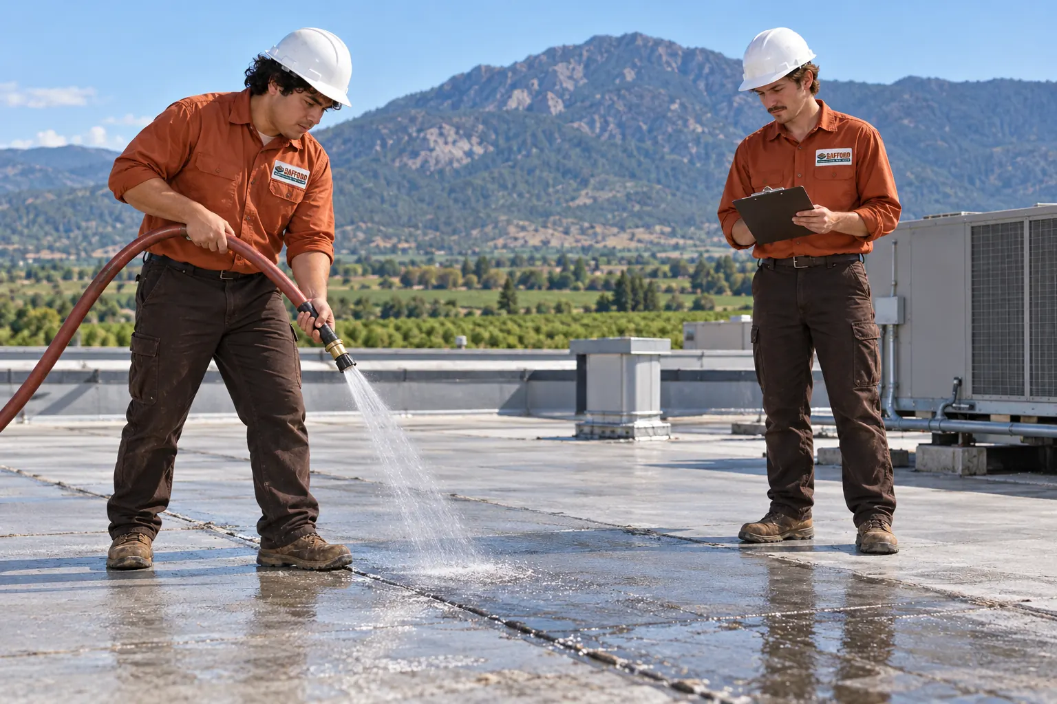 Roofer water-testing one section of a flat roof with a hose while a second roofer records the result